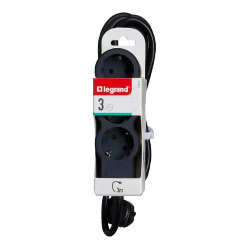 Разклонител 3x 2P+E Шуко, с кабел 3m, цвят Черен - Legrand Standart 694560