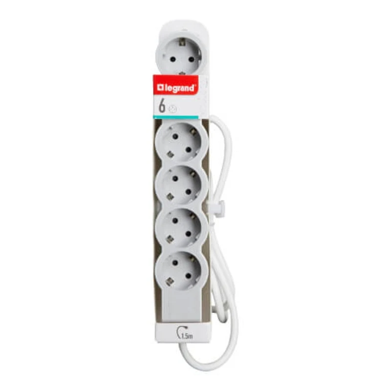 Разклонител 6x 2P+E Шуко, с кабел 1.5m, цвят Бял - Legrand Standart 694557