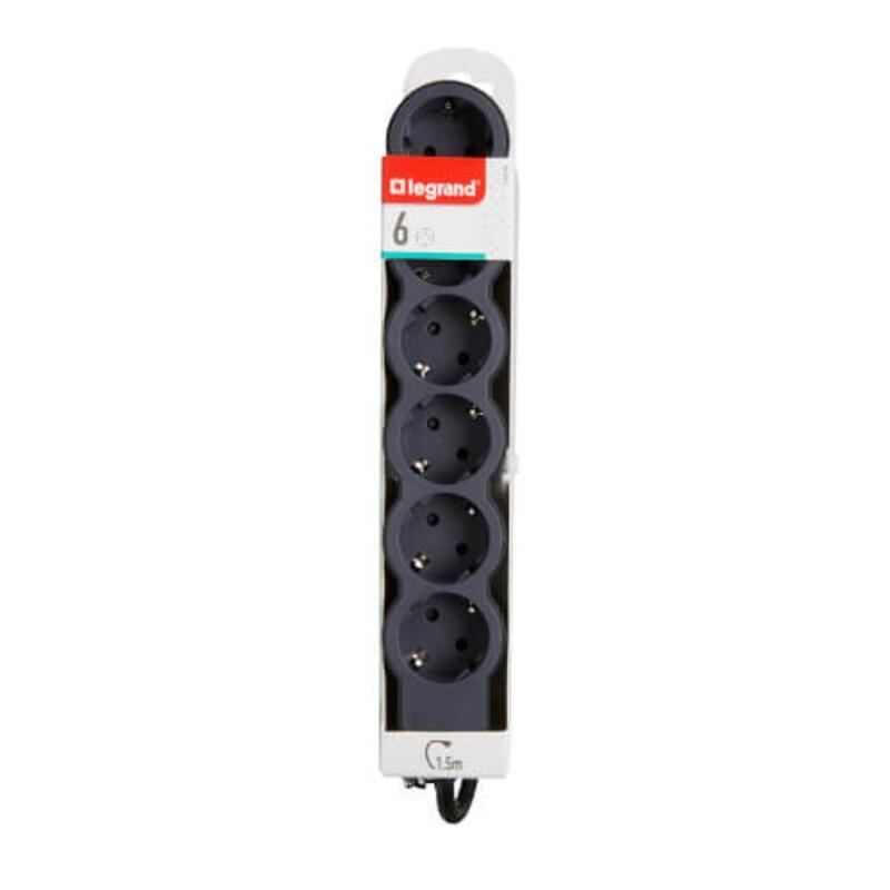Разклонител 6x 2P+E Шуко, с кабел 1.5m, цвят Черен - Legrand Standart 694558