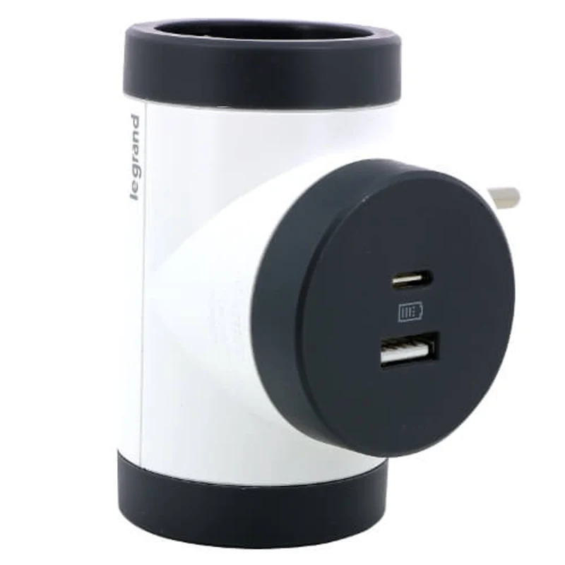 Адаптер 2x 2P+E Шуко, Т-образен, 2x USB тип A+C 3A 15W, въртящ, цвят Бял/тъмносив - Legrand Premium 694522