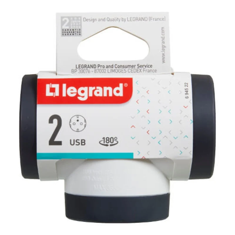 Адаптер 2x 2P+E Шуко, Т-образен, 2x USB тип A+C 3A 15W, въртящ, цвят Бял/тъмносив - Legrand Premium 694522