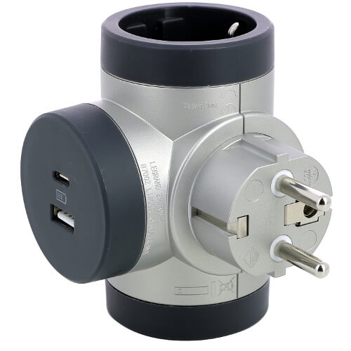 Адаптер 2x 2P+E Шуко, Т-образен, 2x USB тип A+C 3A 15W, въртящ, цвят Алуминий/тъмносив - Legrand Premium 694524