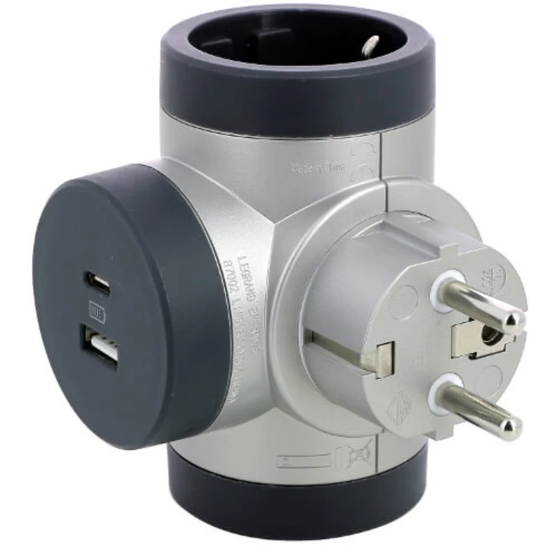 Адаптер 2x 2P+E Шуко, Т-образен, 2x USB тип A+C 3A 15W, въртящ, цвят Алуминий/тъмносив - Legrand Premium 694524