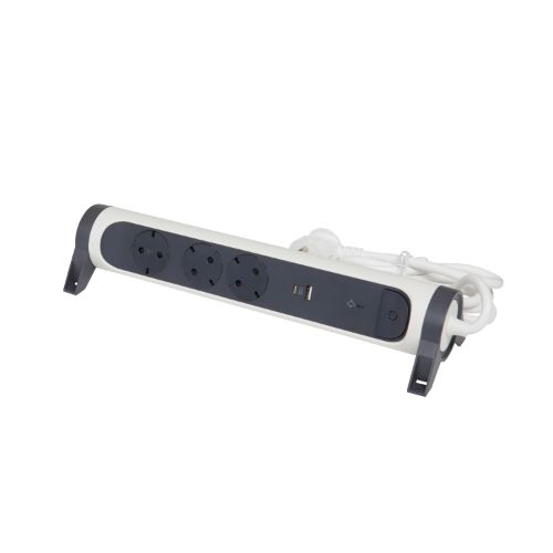 Разклонител 3x 2P+E Шуко, защита от пренапрежение, 2x USB тип A+C 3A 15W, с кабел 1.5m, цвят Бял/тъмносив - Legrand Premium 694508