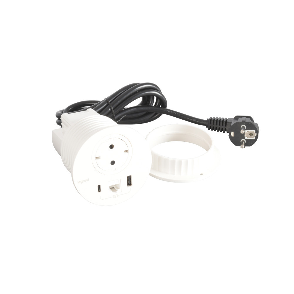 Модул за вграждане в мебел 2P+E Шуко, в отвор Ø80mm, USB розетка 15W тип A+C и RJ45 UTP cat.6, с кабел 2m, цвят Бял - Legrand Incara Disq 80 654710