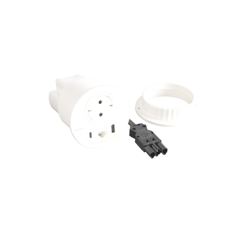 Модул за вграждане в мебел 2P+E Шуко, в отвор Ø80mm, USB розетка 15W тип A+C и RJ45 UTP cat.6, с GST18 конектор, цвят Бял - Legrand Incara Disq 80 654710F