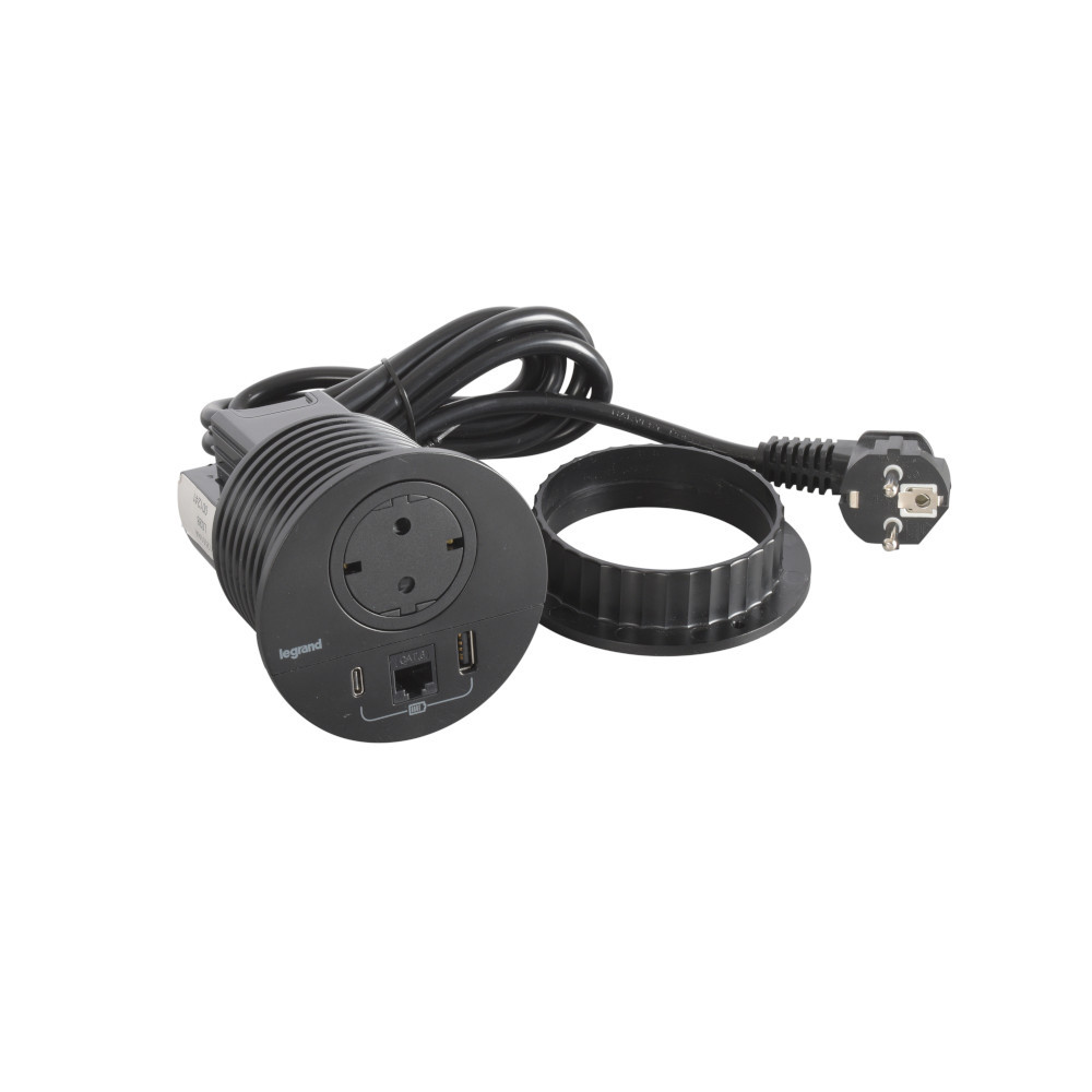 Модул за вграждане в мебел 2P+E Шуко, в отвор Ø80mm, USB розетка 15W тип A+C и RJ45 UTP cat.6, с кабел 2m, цвят Черен - Legrand Incara Disq 80 654711