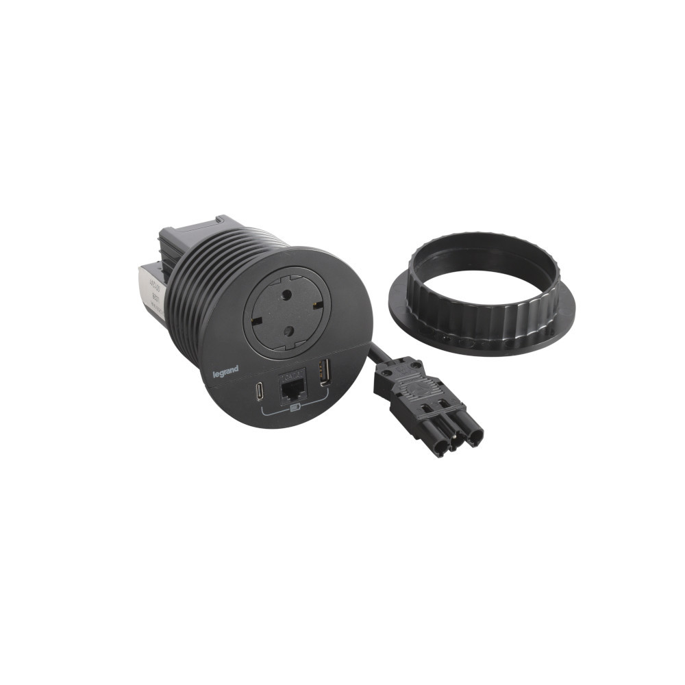 Модул за вграждане в мебел 2P+E Шуко, в отвор Ø80mm, USB розетка 15W тип A+C и RJ45 UTP cat.6, с GST18 конектор, цвят Черен - Legrand Incara Disq 80 654711F