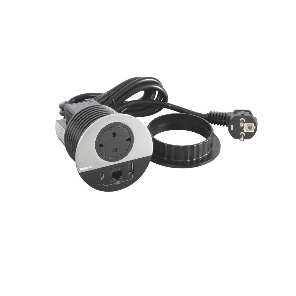 Модул за вграждане в мебел 2P+E Шуко, в отвор Ø80mm, USB розетка 15W тип A+C и RJ45 UTP cat.6, с кабел 2m, цвят Метал Черен - Legrand Incara Disq 80 654712