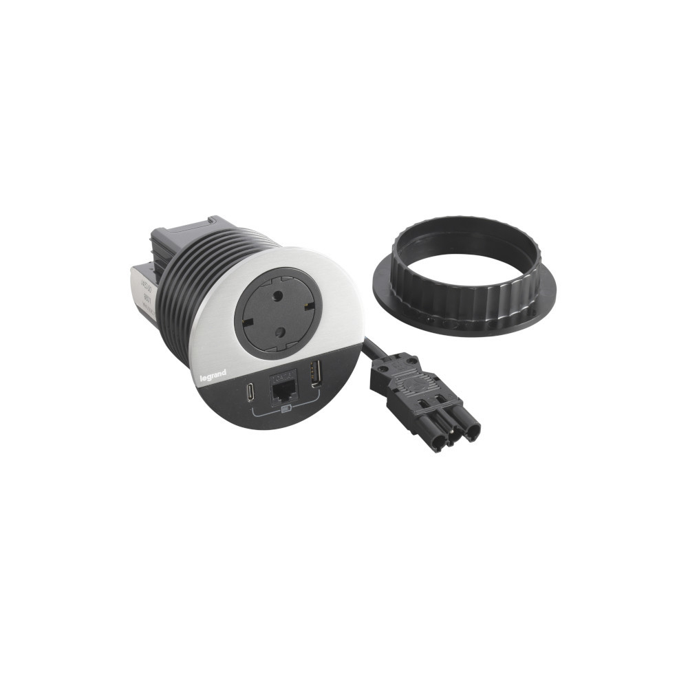 Модул за вграждане в мебел 2P+E Шуко, в отвор Ø80mm, USB розетка 15W тип A+C и RJ45 UTP cat.6, с GST18 конектор, цвят Метал Черен - Legrand Incara Disq 80 654712F