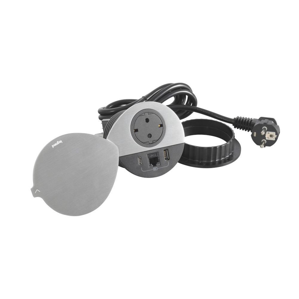 Модул за вграждане в мебел 2P+E Шуко, в отвор Ø80mm, USB розетка 15W тип A+C и RJ45 UTP cat.6, с кабел 2m, цвят Метал Черен - Legrand Incara Disq 80 654713