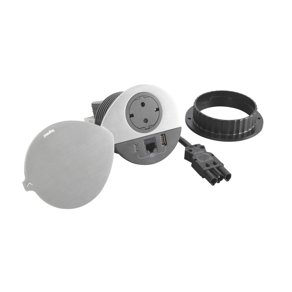 Модул за вграждане в мебел 2P+E Шуко, в отвор Ø80mm, USB розетка 15W тип A+C и RJ45 UTP cat.6, с GST18 конектор, цвят Метал Черен - Legrand Incara Disq 80 654713F