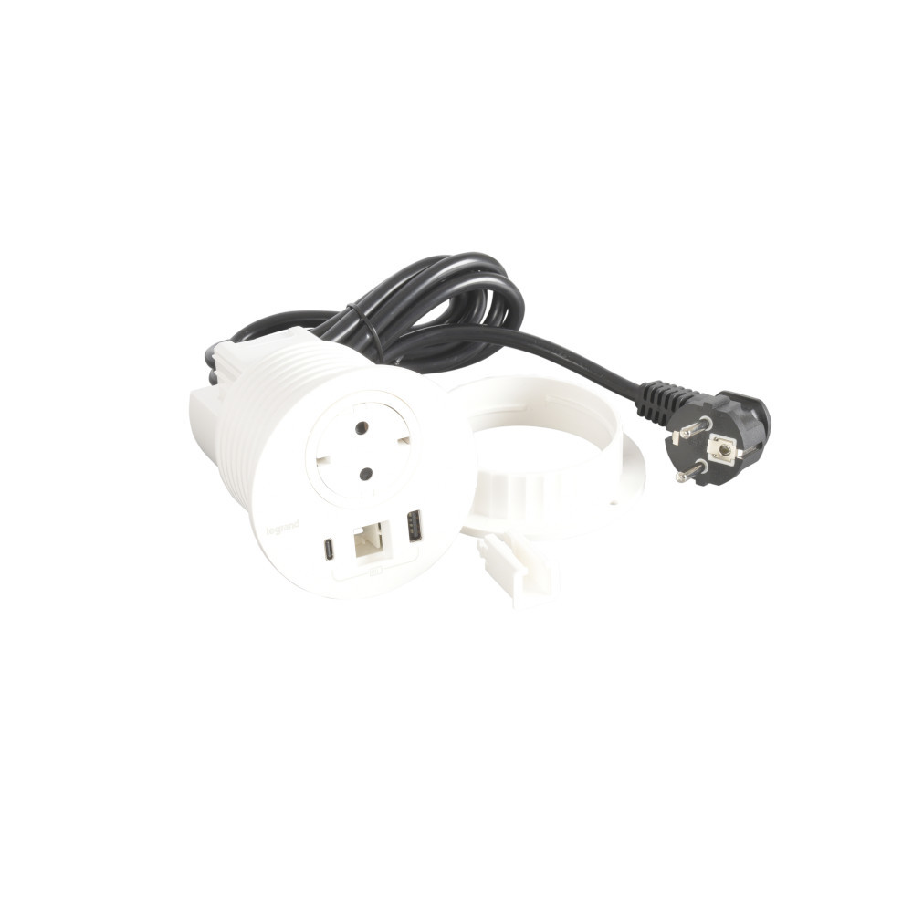 Модул за вграждане в мебел 2P+E Шуко, в отвор Ø80mm, USB розетка 15W тип A+C, с кабел 2m, цвят Бял - Legrand Incara Disq 80 654714
