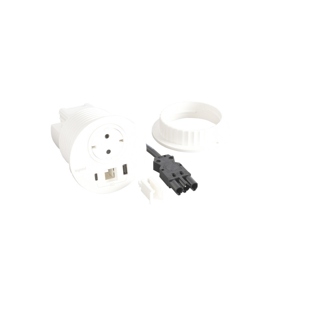 Модул за вграждане в мебел 2P+E Шуко, в отвор Ø80mm, USB розетка 15W тип A+C, с GST18 конектор, цвят Бял - Legrand Incara Disq 80 654714F