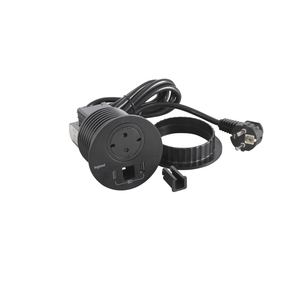 Модул за вграждане в мебел 2P+E Шуко, в отвор Ø80mm, USB розетка 15W тип A+C, с кабел 2m, цвят Черен - Legrand Incara Disq 80 654715