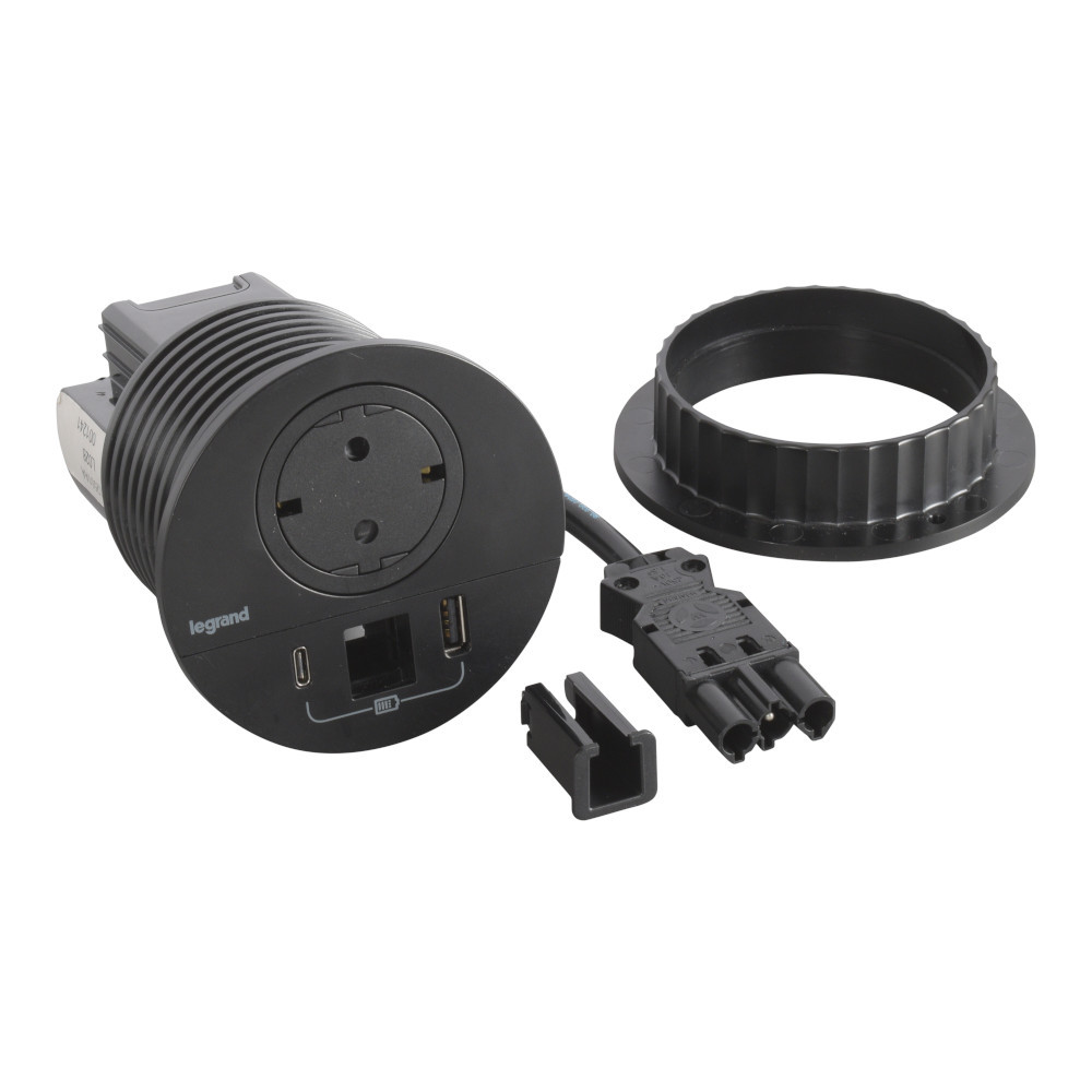 Модул за вграждане в мебел 2P+E Шуко, в отвор Ø80mm, USB розетка 15W тип A+C, с GST18 конектор, цвят Черен - Legrand Incara Disq 80 654715F