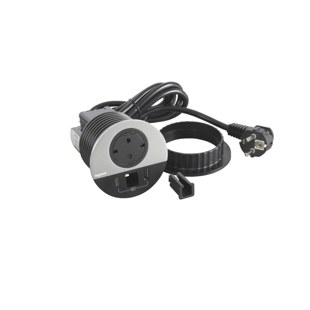 Модул за вграждане в мебел 2P+E Шуко, в отвор Ø80mm, USB розетка 15W тип A+C, с кабел 2m, цвят Метал Черен - Legrand Incara Disq 80 654716