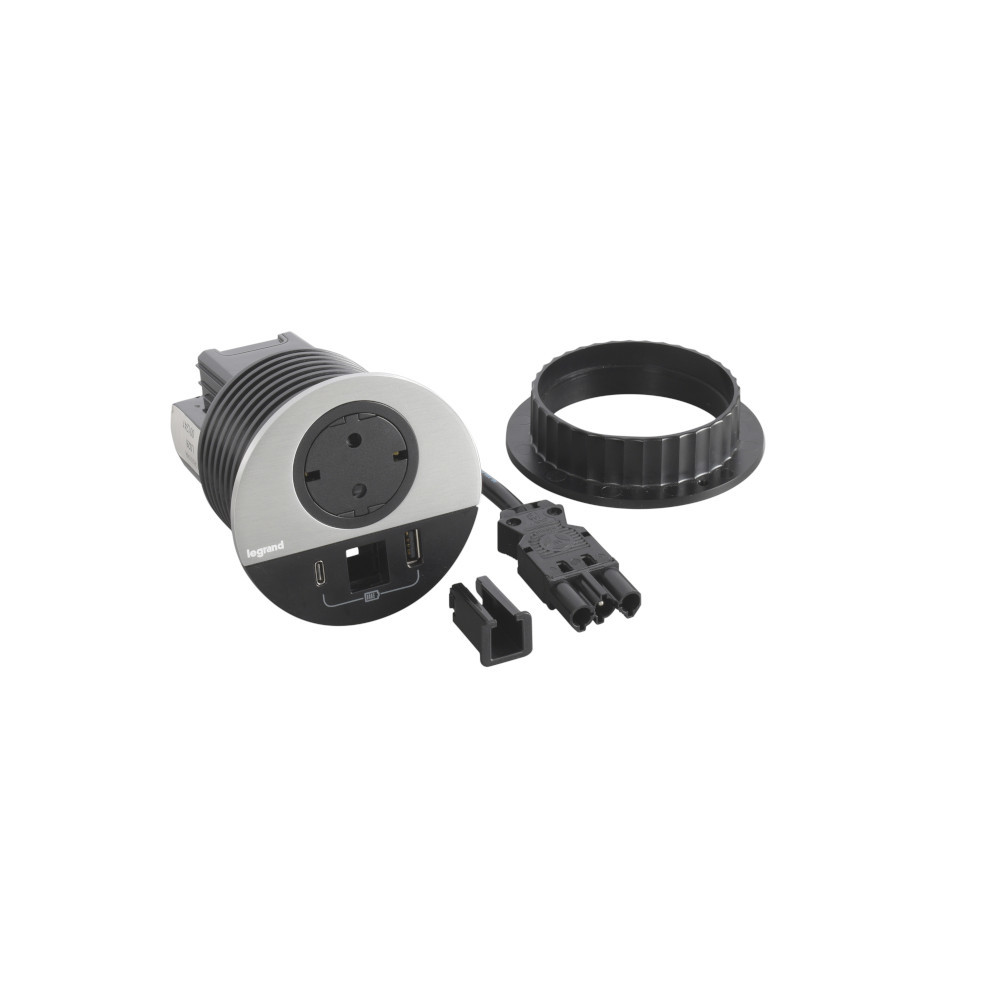 Модул за вграждане в мебел 2P+E Шуко, в отвор Ø80mm, USB розетка 15W тип A+C, с GST18 конектор, цвят Метал Черен - Legrand Incara Disq 80 654716F