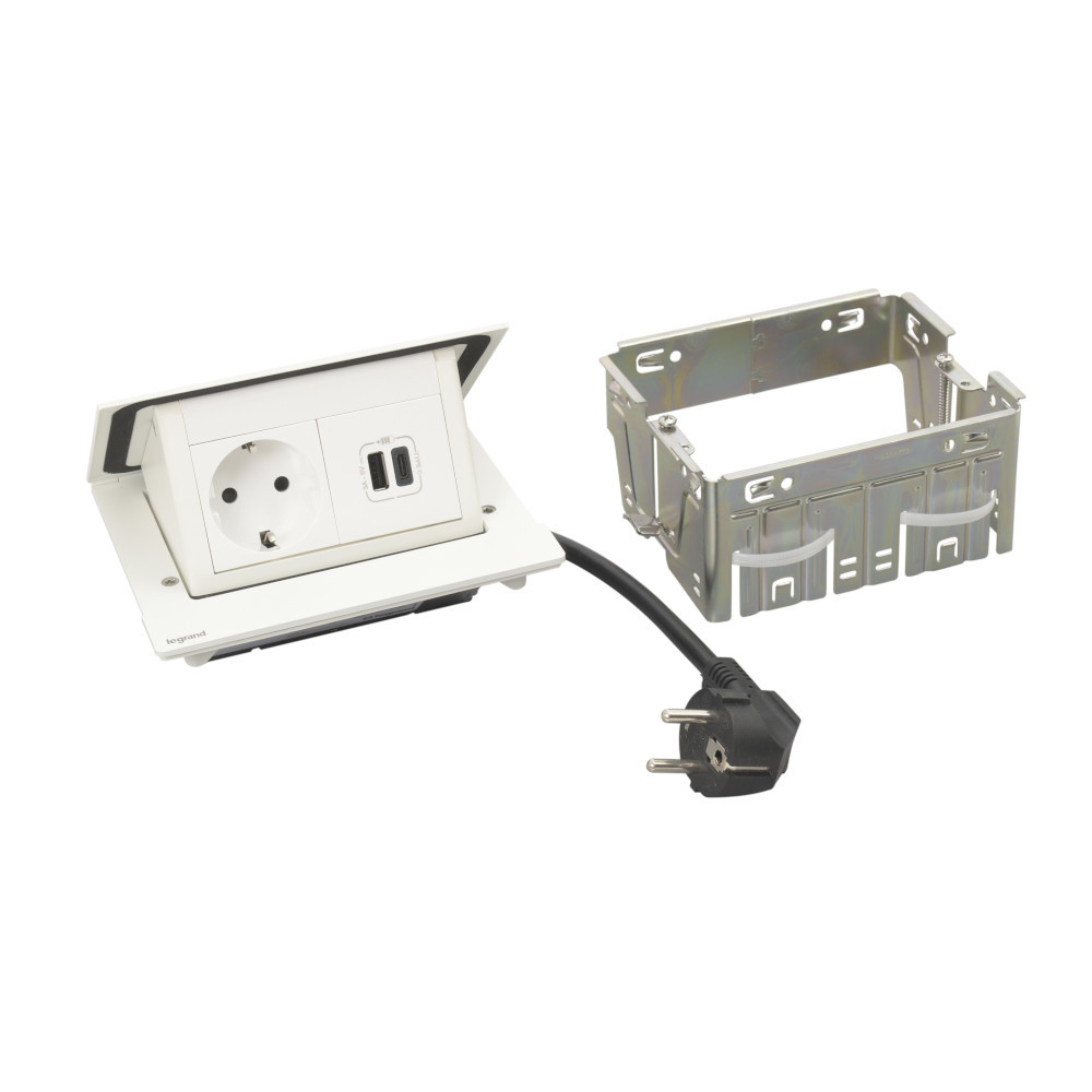 Мебелна кутия Pop-Up 4 Mодула 2P+E Шуко USB A+C с включен монтажен кит, цвят Бял - Legrand Incara Pop-Up 654823