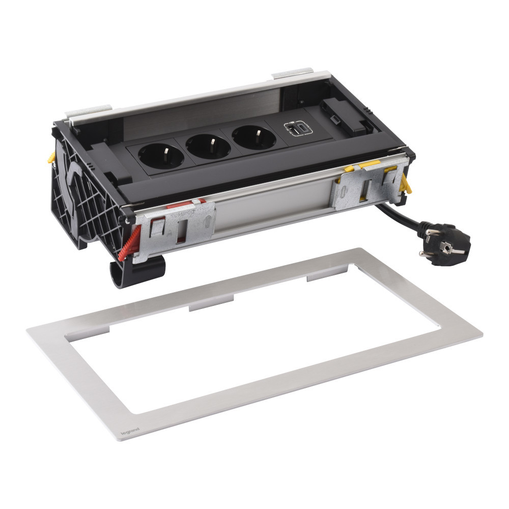 Мебелна кутия Flip-up 8 Mодула 3x 2P+E Шуко USB 15W тип A+C , с кабел 2m, цвят Метал Черен - Legrand Incara Flip-up 654854
