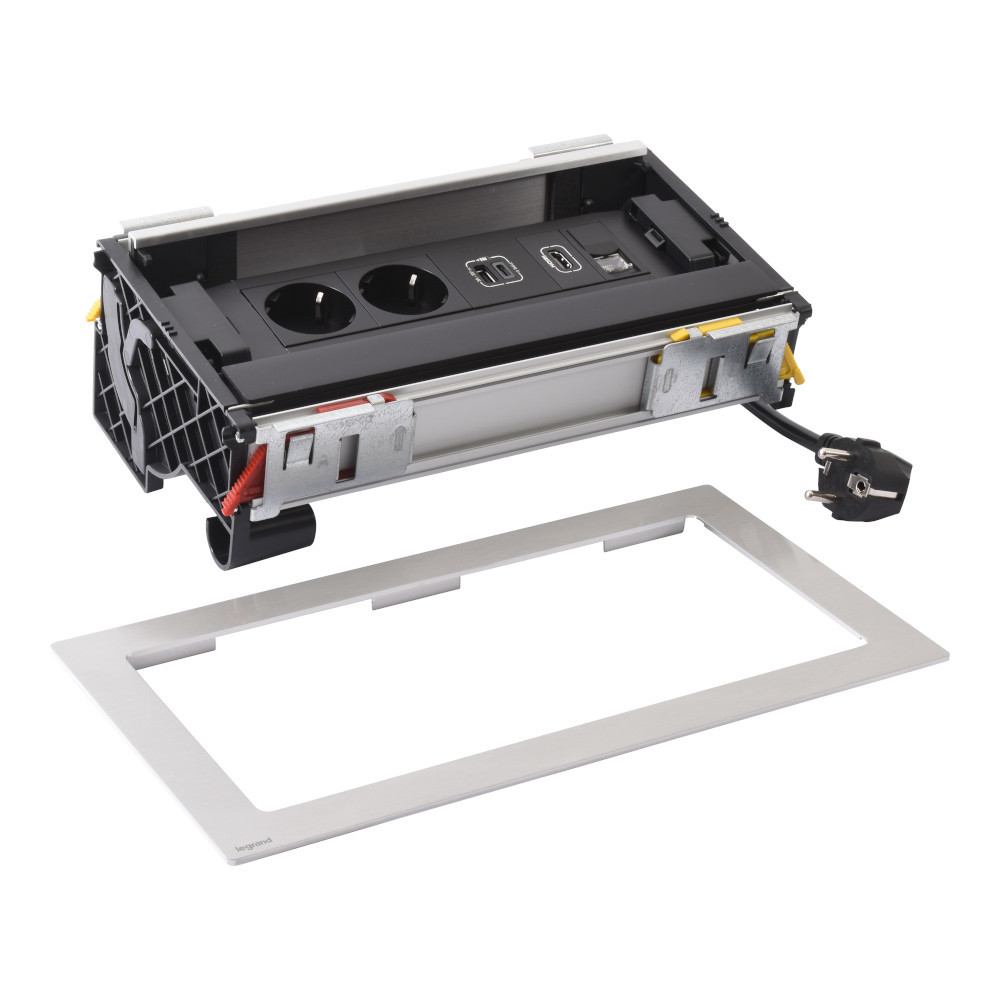 Мебелна кутия Flip-up 8 Mодула 2x 2P+E Шуко USB 15W тип A+C , RJ45 1М UTP cat.6 и HDMI 1М, с кабел 2m, цвят Метал Черен - Legrand Incara Flip-up 654855