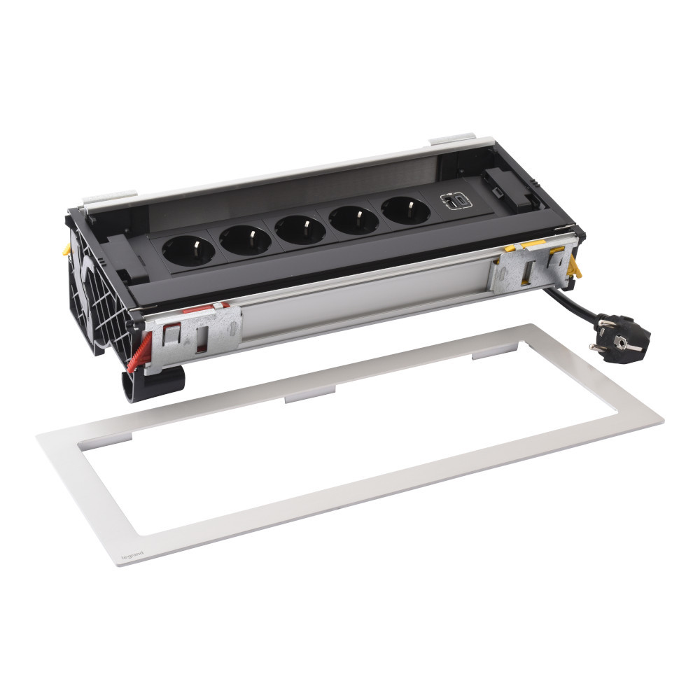 Мебелна кутия 12 Mодула 5x 2P+E Шуко USB 15W тип A+C , с кабел 2m, цвят Метал Черен - Legrand Incara Flip-up 654856