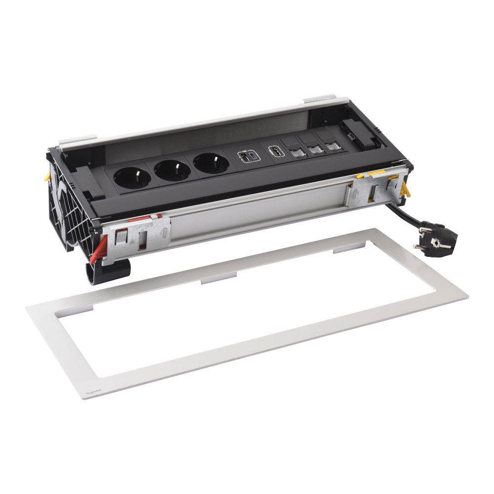 Мебелна кутия 12 Mодула 3x 2P+E Шуко USB 15W тип A+C , 3x RJ45 1М UTP cat.6 и HDMI 1М, с кабел 2m, цвят Метал Черен - Legrand Incara Flip-up 654857