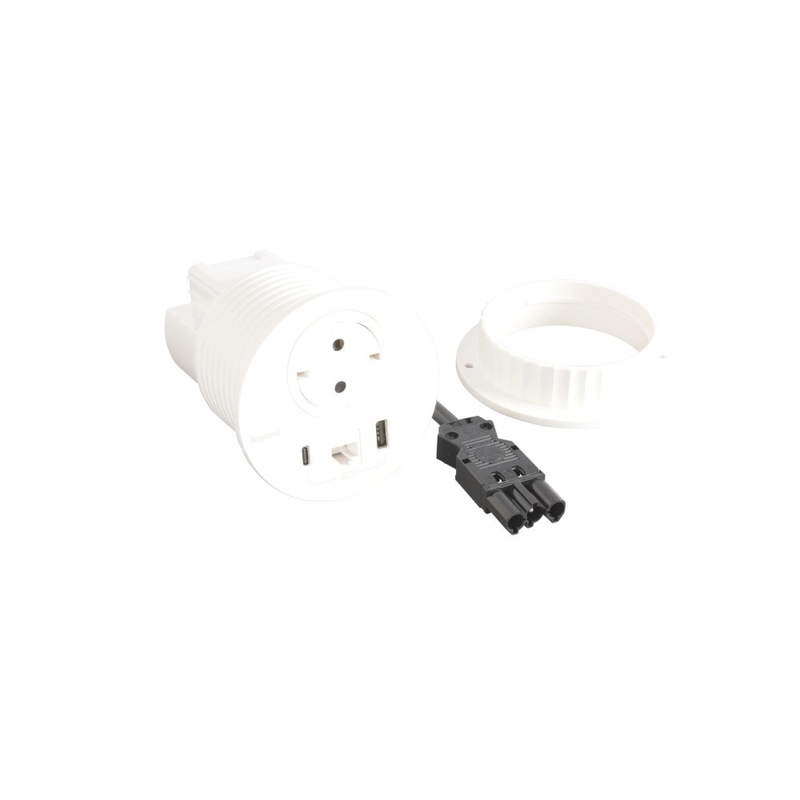 Модул за вграждане в мебел 2P+E Шуко, в отвор Ø80mm, USB розетка 15W тип A+C и RJ45 UTP cat.6, с GST18 конектор, цвят Бял - Legrand Incara Disq 80 654710F