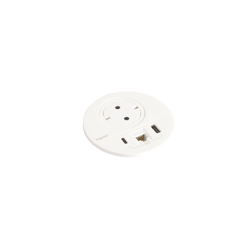 Модул за вграждане в мебел 2P+E Шуко, в отвор Ø80mm, USB розетка 15W тип A+C и RJ45 UTP cat.6, с GST18 конектор, цвят Бял - Legrand Incara Disq 80 654710F