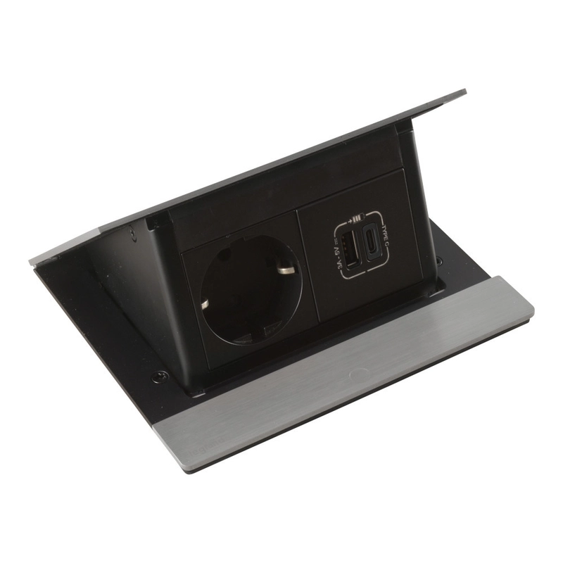Мебелна кутия Pop-Up 4 Mодула 2P+E Шуко USB A+C с включен монтажен кит, цвят драскан Алуминий