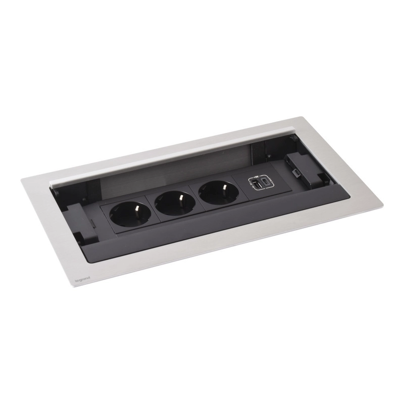 Мебелна кутия Flip-up 8 Mодула 3x 2P+E Шуко USB 15W тип A+C , с кабел 2m, цвят Метал Черен - Legrand Incara Flip-up 654854