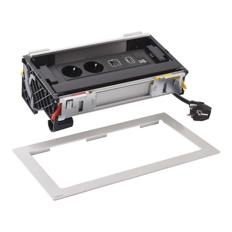Мебелна кутия Flip-up 8 Mодула 2x 2P+E Шуко USB 15W тип A+C , RJ45 1М UTP cat.6 и HDMI 1М, с кабел 2m, цвят Метал Черен - Legrand Incara Flip-up 654855