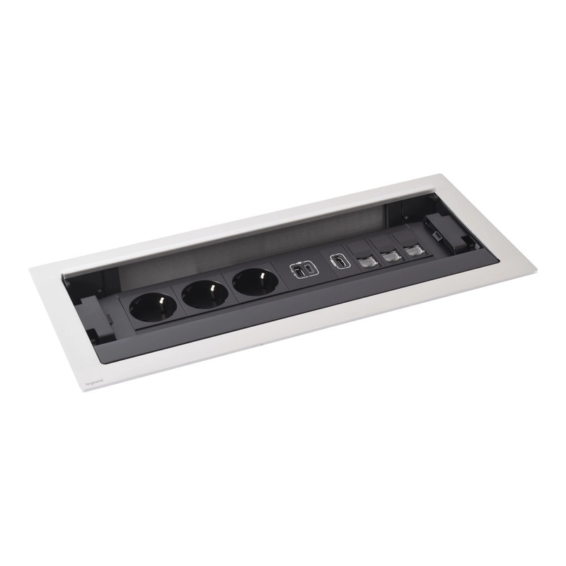 Мебелна кутия Flip-up 12 Mодула 3x 2P+E Шуко USB 15W тип A+C , 3x RJ45 1М UTP cat.6 и HDMI 1М, с кабел 2m, цвят Метал Черен