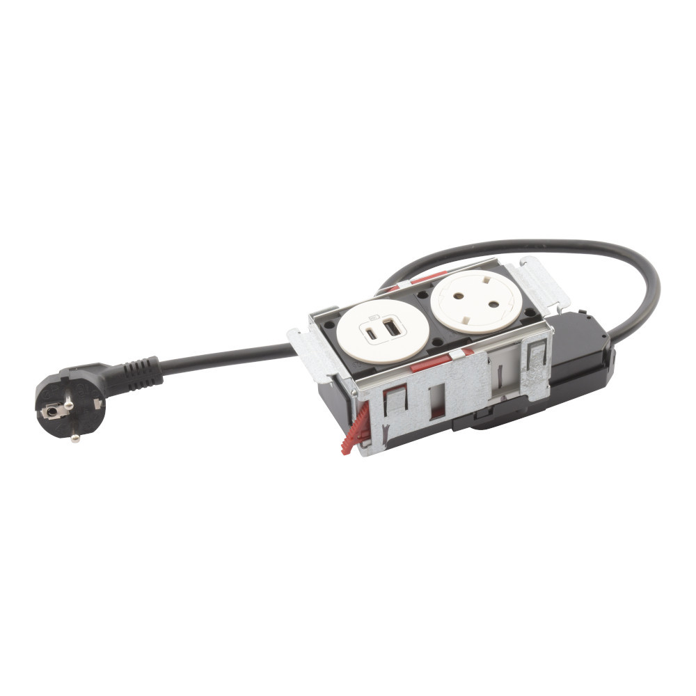 Модул за вграждане в мебел 2 Mодула 1x 2P+E Шуко, USB 15W тип A+C , с кабел 2m, цвят Бял - Legrand Incara DisqIn 654746
