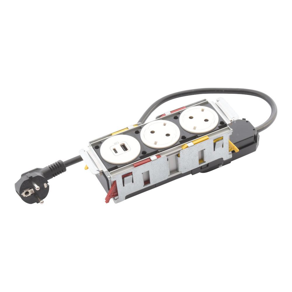 Модул за вграждане в мебел 3 Mодула 2x 2P+E Шуко, USB 15W тип A+C , с кабел 2m, цвят Бял - Legrand Incara DisqIn 654747