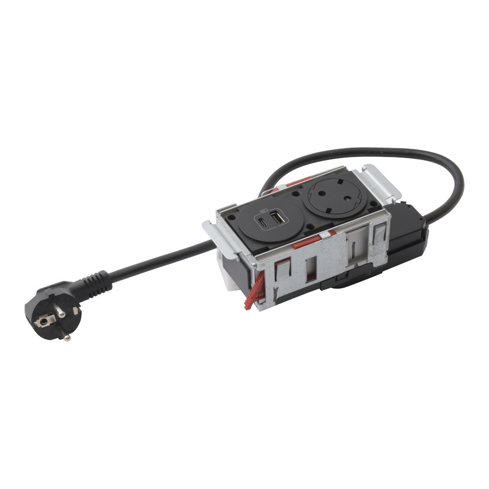 Модул за вграждане в мебел 2 Mодула 1x 2P+E Шуко, USB 15W тип A+C , с кабел 2m, цвят Черен - Legrand Incara DisqIn 654749