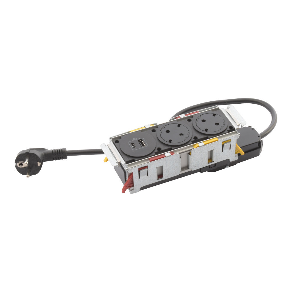 Модул за вграждане в мебел 3 Mодула 2x 2P+E Шуко, USB 15W тип A+C , с кабел 2m, цвят Черен - Legrand Incara DisqIn 654750