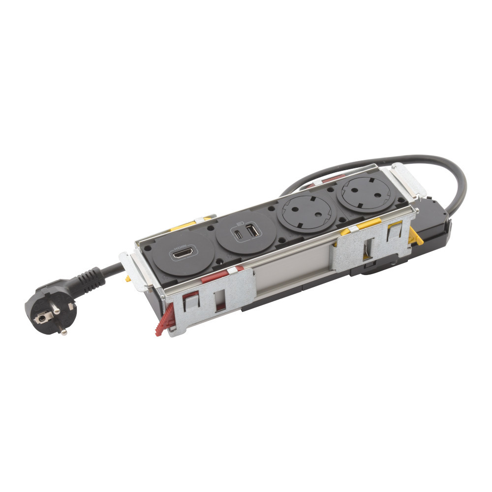 Модул за вграждане в мебел 4 Mодула 2x 2P+E Шуко, USB 15W тип A+C и и HDMI розетка, с кабел 2m, цвят Черен - Legrand Incara DisqIn 654751