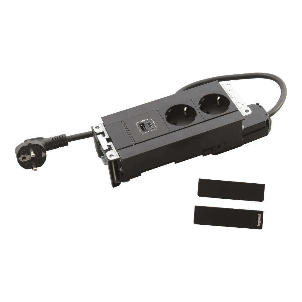 Мебелна кутия 6 Mодула 2x 2P+E Шуко и USB 15W тип A+C, с кабел 2m, цвят Черен - Legrand Incara Multilink 654786