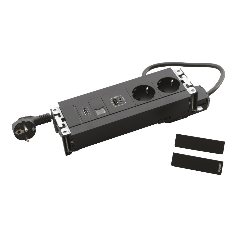 Мебелна кутия 8 Mодула 2x 2P+E Шуко, USB 15W тип A+C, RJ45 UTP cat.6 и розетка HDMI, с кабел 2m, цвят Черен - Legrand Incara Multilink 654787