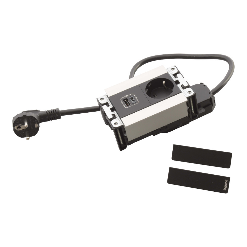 Мебелна кутия 4 Mодула 2P+E Шуко и USB 15W тип A+C, с кабел 2m, цвят Черен Метал - Legrand Incara Multilink 654789