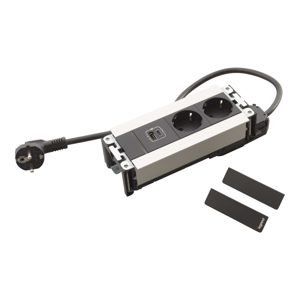 Мебелна кутия 6 Mодула 2x 2P+E Шуко и USB 15W тип A+C, с кабел 2m, цвят Черен Метал - Legrand Incara Multilink 654790