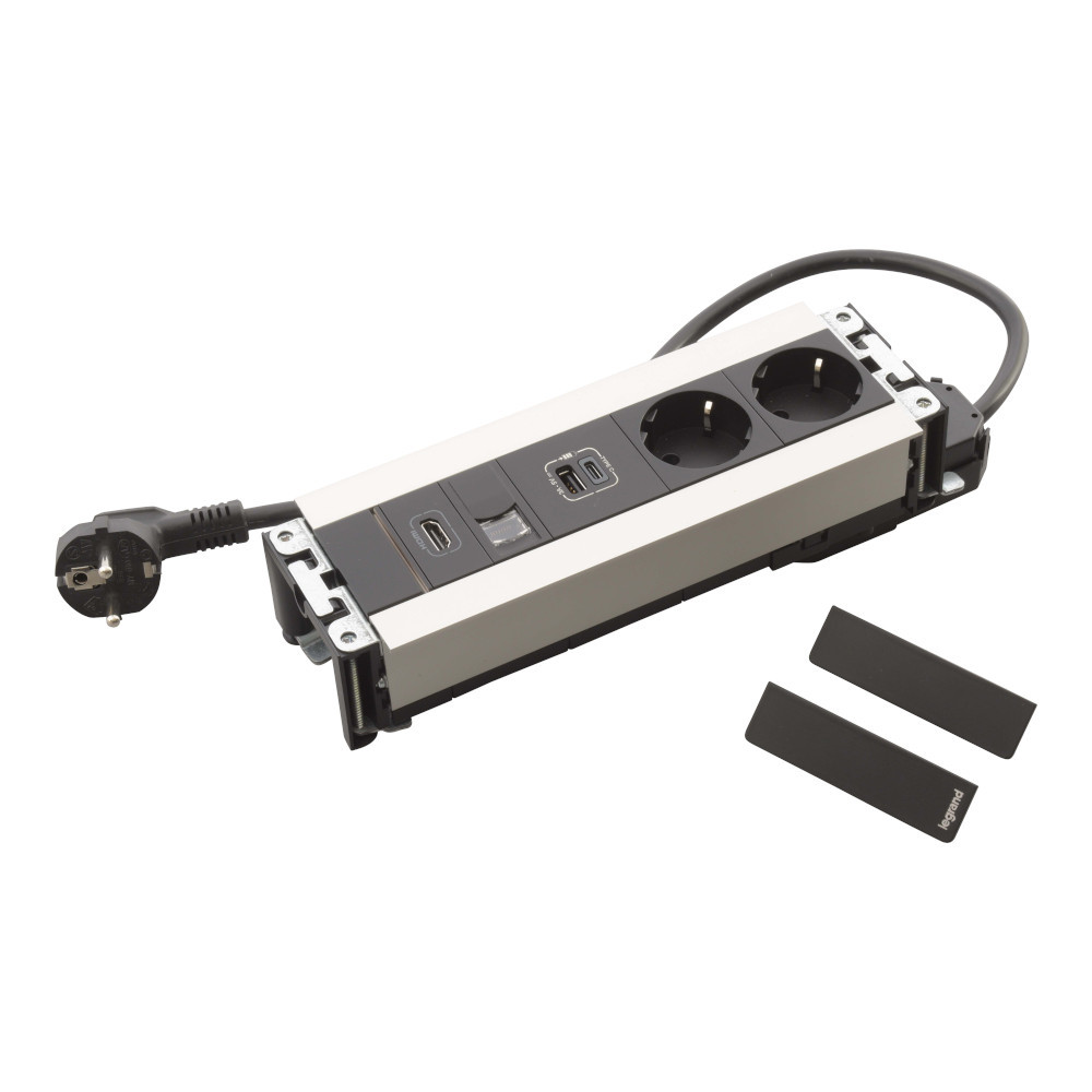 Мебелна кутия 8 Mодула 2x 2P+E Шуко, USB 15W тип A+C, RJ45 UTP cat.6 и розетка HDMI, с кабел 2m, цвят Черен Метал - Legrand Incara Multilink 654791