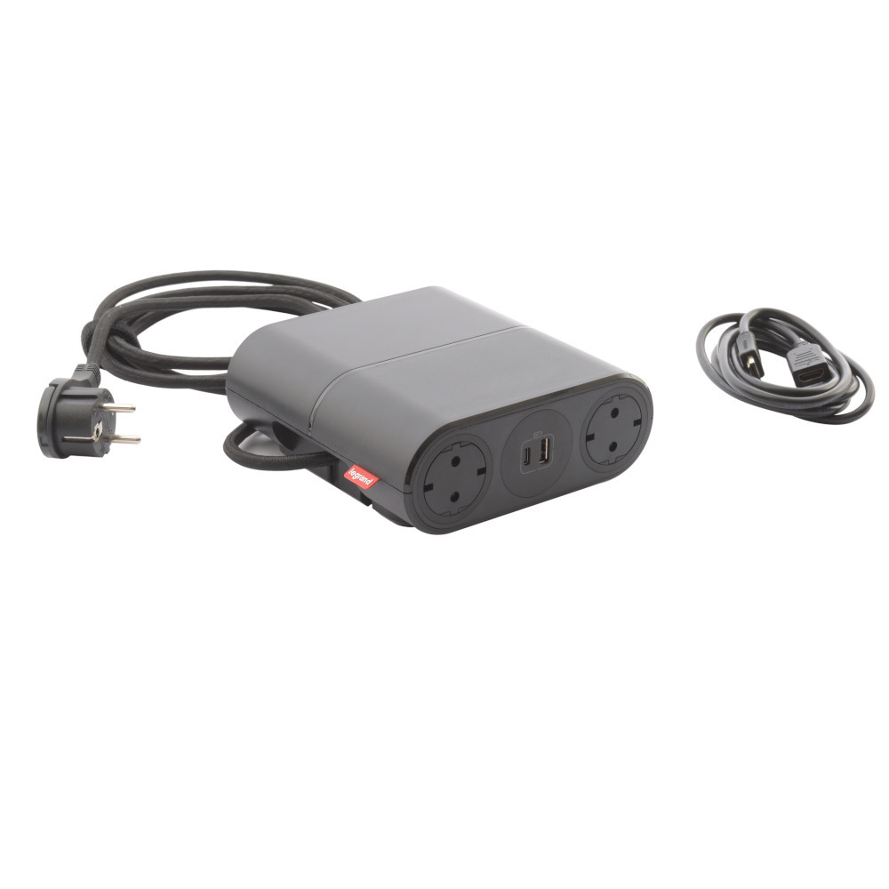 Преносим разклонител 4x 2P+E Шуко 2x USB A+C и HDMI 2m, с кабел 2.5m, с интегриран GST18i3 конектор за вторичен модул, цвят Черен - Legrand Incara LinkOn 654887