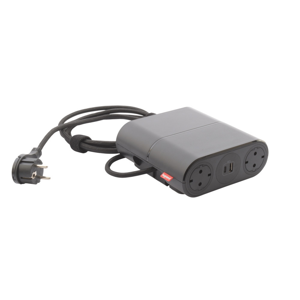 Преносим разклонител 4x 2P+E Шуко 2x USB A+C, с кабел 2.5m, с интегриран GST18i3 конектор за вторичен модул, цвят Черен - Legrand Incara LinkOn 654888