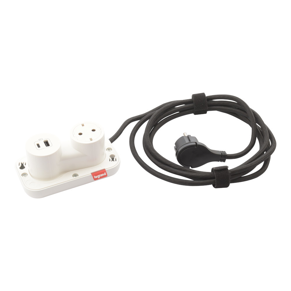 Преносим разклонител 2P+E Шуко USB 15W тип A+C, с кабел 2.5m, 2М, цвят Бял - Legrand Incara ElectrOn 654908