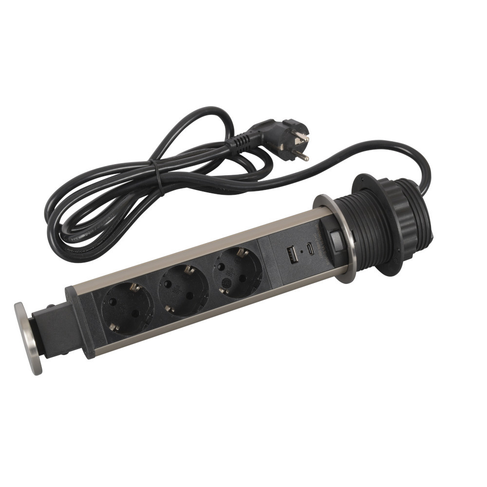 Мебелна колона Ф60mm 3x 2P+E Шуко, USB 15W A+C, с кабел 2m, цвят Черен Метал - Legrand Incara Tower 60 654974