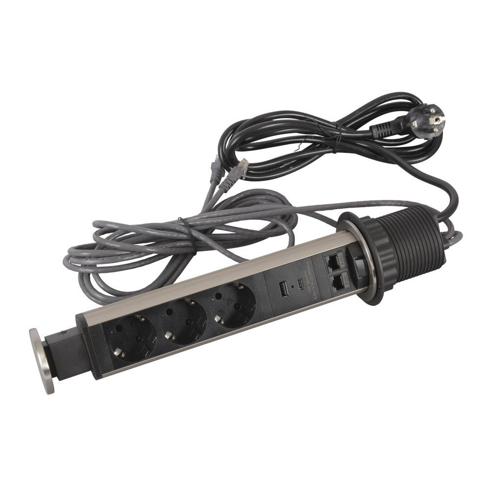 Мебелна колона Ф60mm 3x 2P+E Шуко, USB 15W A+C и 2x RJ45 UTP cat.6, с кабел 2m, цвят Черен Метал - Legrand Incara Tower 60 654975
