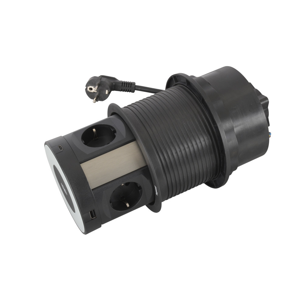 Мебелна колона Ф120mm 4x 2P+E Шуко, 2x USB 15W A+C, безжично зарядно 10W, с кабел 2m, цвят Черен Метал - Legrand Incara Tower 120 654983