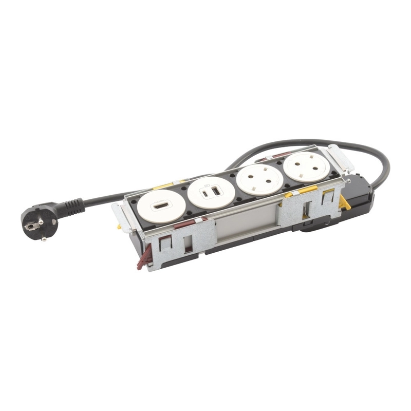 Модул за вграждане в мебел 4 Mодула 2x 2P+E Шуко, USB 15W тип A+C и и HDMI розетка, с кабел 2m, цвят Бял - Legrand Incara DisqIn 654748
